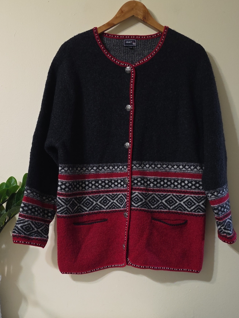 Vintage MAT Cottagegore Pure Wool Button Front Cardigan - Navy/Red - XL ( EUC)